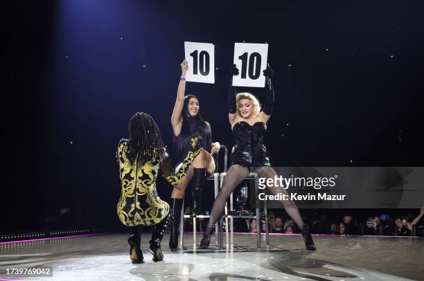 Estere, Lourdes Leon and Madonna perform during opening night of The Celebration Tour at The O2 Arena on October 14, 2023 in London, England.