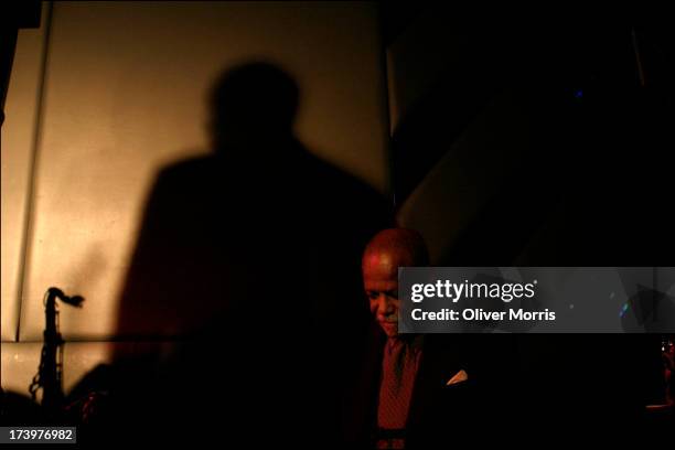 View of David 'Fathead' Newman, on saxophone, performing at the Blue Note jazz club in a tribute to Coleman Hawkins, Greenwich Village, New York,...