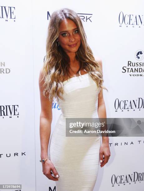 Model Hannah Davis attends the Ocean Drive Magazine Issue Release Party hosted by cover model Hannah Davis during Mercedes-Benz Fashion Week Swim...