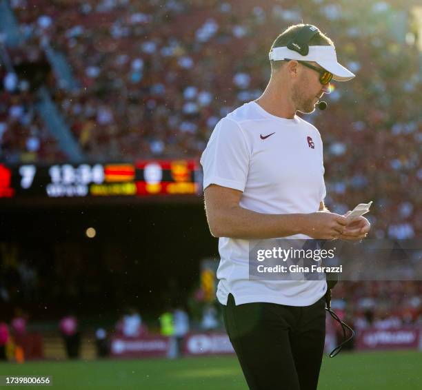 Trojans head coach Lincoln Riley on the sidelines during the 34-32 loss to Utah at LA Memorial Coliseum on October 21, 2023 in Los Angeles,...