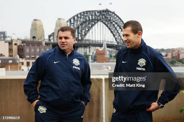 All-Stars coach Ange Postecoglou and All-Stars captain Brett Emerton pose during a FFA A-League All-Stars press conference at Museum of Contemporary...