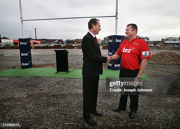 Crusaders CEO Hamish Riach shakes hands with BNZ Head of Business Banking Campbell Parker during a media announcement that BNZ will be naming rights...