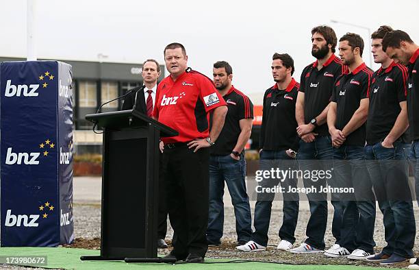 Head of Business Banking Campbell Parker speaks during a media announcement that BNZ will be naming rights sponsor of the Crusaders on July 19, 2013...