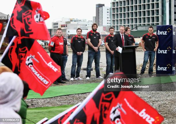 Crusaders CEO Hamish Riach speaks during a media announcement that BNZ will be naming rights sponsor of the Crusaders on July 19, 2013 in...