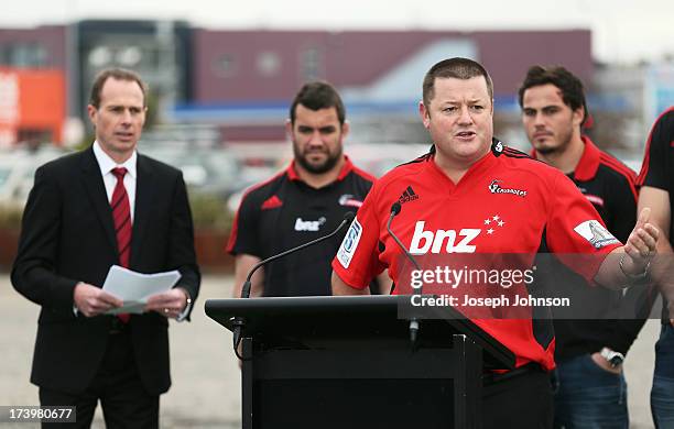 Head of Business Banking Campbell Parker speaks during a media announcement that BNZ will be naming rights sponsor of the Crusaders on July 19, 2013...