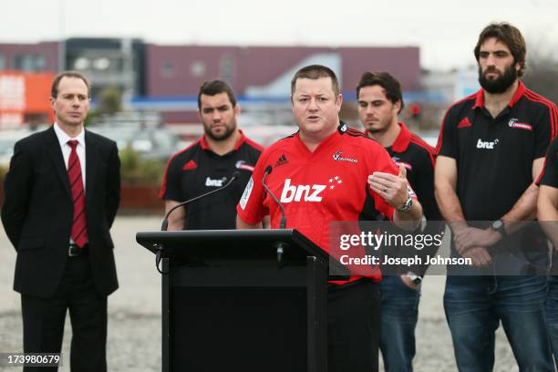 Head of Business Banking Campbell Parker speaks during a media announcement that BNZ will be naming rights sponsor of the Crusaders on July 19, 2013...