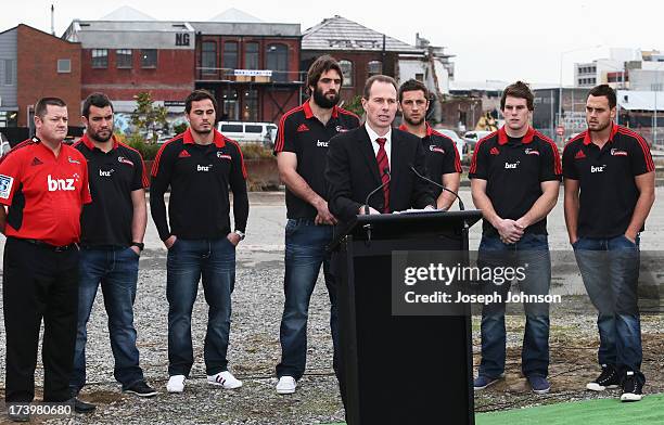 Crusaders CEO Hamish Riach speaks during a media announcement that BNZ will be naming rights sponsor of the Crusaders on July 19, 2013 in...