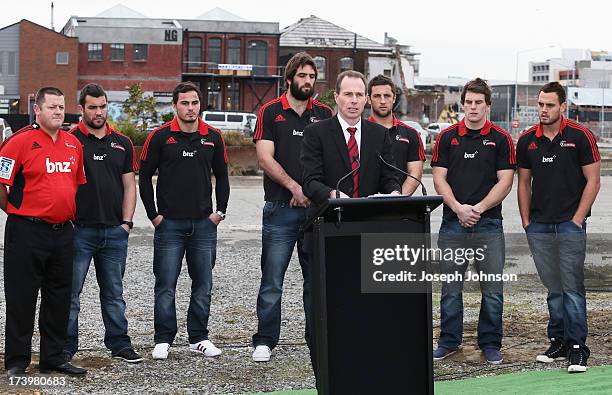 Crusaders CEO Hamish Riach speaks during a media announcement that BNZ will be naming rights sponsor of the Crusaders on July 19, 2013 in...