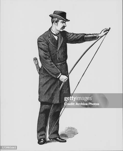 Simple illustration of a gentleman stringing a longbow, 1887.