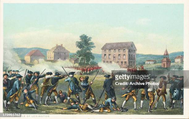 Color postcard of a scene from the Battle of Lexington, the first military engagement of the American Revolutionary War, Massachusetts, April 19th...