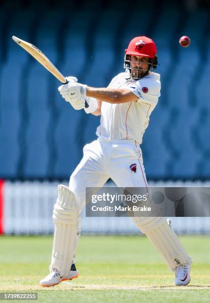 Jake Lehmann of the Redbacks cuts and is caught by Kurtis Patterson of the Blues during the Sheffield Shield match between South Australia and New...