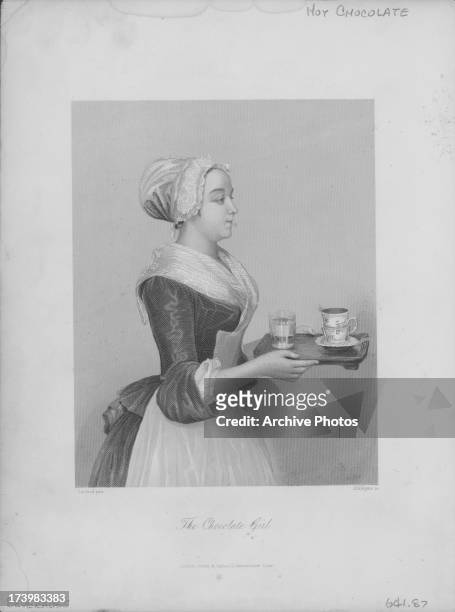 Engraving of the 'The Chocolate Girl', a painting by Swiss artist Jean-Étienne Liotard, showing a chocolate-serving maid carrying a tray with a...