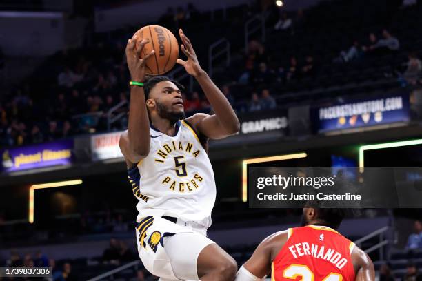 Jarace Walker of the Indiana Pacers takes a shot in the game against the Atlanta Hawks during the second half at Gainbridge Fieldhouse on October 16,...