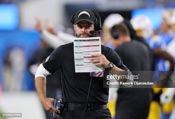 Los Angeles Chargers head coach Brandon Staley looks on in the first half against the Dallas Cowboys at SoFi Stadium on October 16, 2023 in...