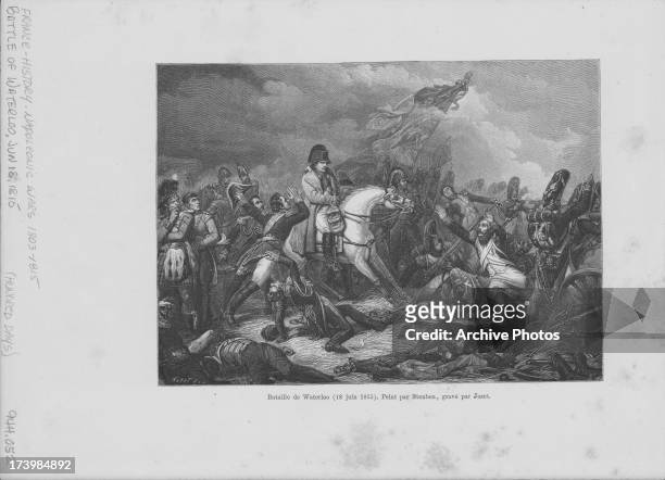 Engraving depicting of the Battle of Waterloo, where Napoleon was defeated by Duke of Wellington and the Anglo-Allied army, painted by Steuben and...