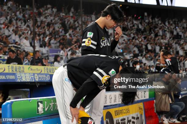 Ryosuke Otsu of the Fukuoka SoftBank Hawks shows dejection after the team's 3-4 defeat in the Pacific League Climax Series first stage game three at...