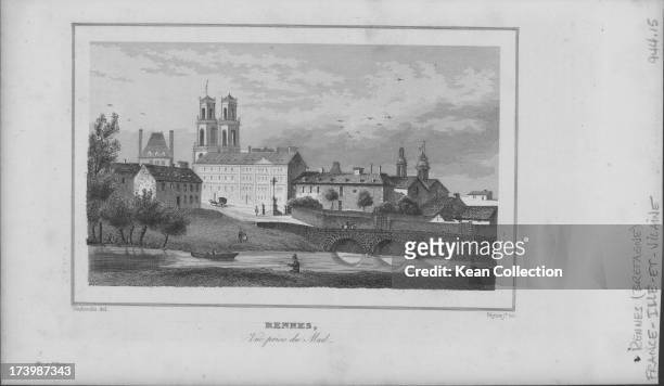 Engraving of French buildings and landscapes; the city of Rennes, viewed from la Vilaine river, engraved by Nyon, Brittany, France.