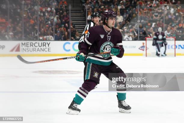 Jamie Drysdale of the Anaheim Ducks skates during the game against the Carolina Hurricanes on October 15, 2023 at Honda Center in Anaheim, California.