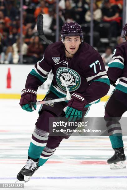 Frank Vatrano of the Anaheim Ducks skates during the game against the Carolina Hurricanes on October 15, 2023 at Honda Center in Anaheim, California.