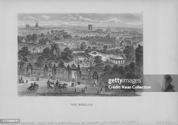 Engraving of French buildings and landscapes; Parc Monceau, a park situated at the junction of Boulevard de Courcelles, Rue de Prony and Rue Georges...