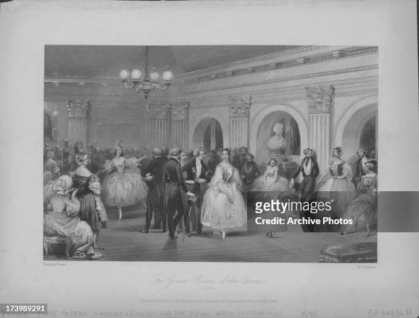 Engraving of the green room at the Grand Opera House in Paris, depicting actors and dancers meeting the public after a performance, after the Lami...