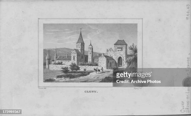 Engraving of Cluny Abbey, a Benedictine monastery in Cluny, built in the Romanesque style, engraved by Nyon, Saône-et-Loire, France.