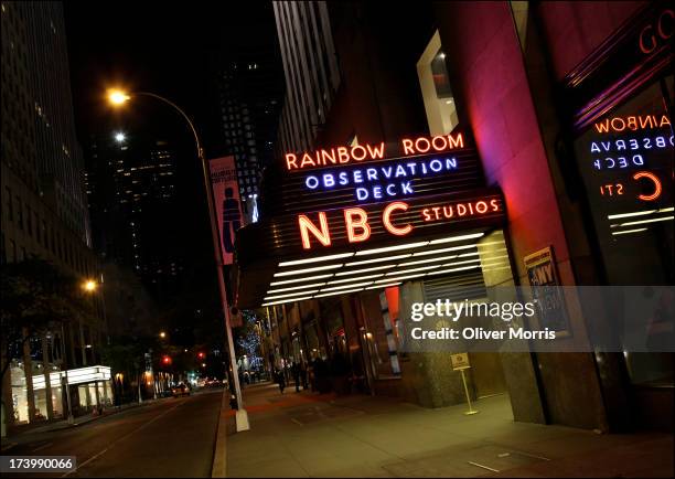 Nighttime view of the illuminated marquee of the NBC Studios and the Rainbow Room located in the General Electric Building , in Midtown Manhattan,...