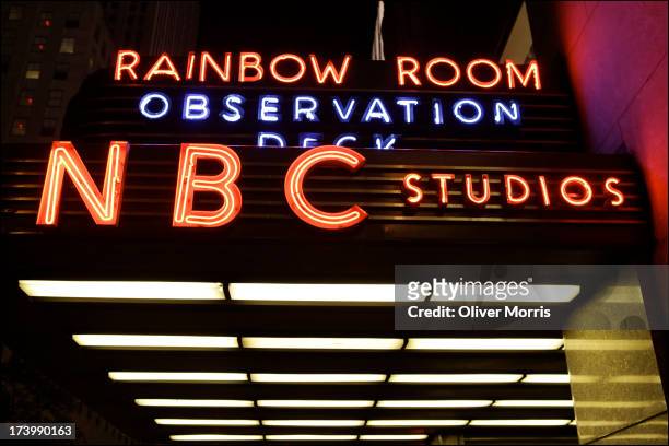 Nighttime view of the illuminated marque of the NBC Studios and the Rainbow Room located in the General Electric Building , Midtown Manhattan, New...