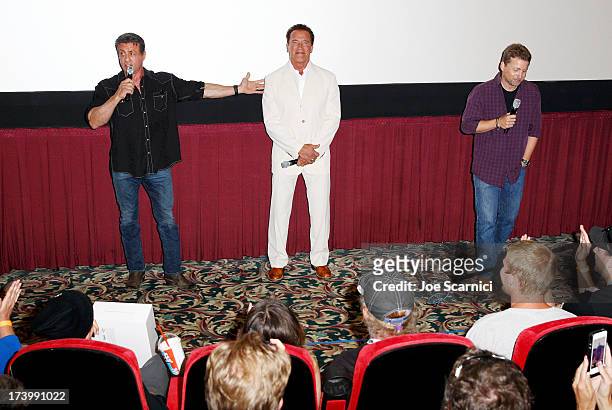 Actors Sylvester Stallone, Arnold Schwarzenegger, and director Mikael Håfström attend the "Escape Plan" screening and red carpet during Comic-Con...