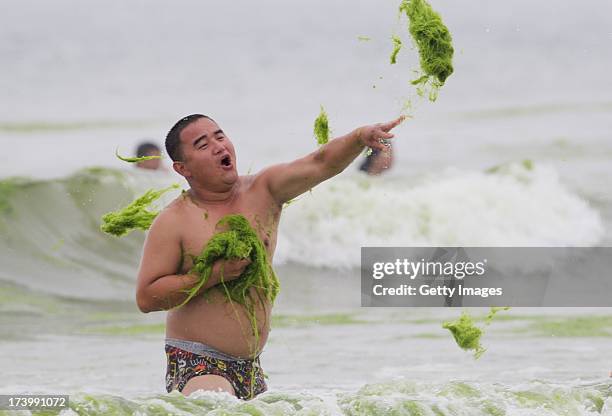 Man tosses green algae to friends at a beach on July 18, 2013 in Qingdao, China. A large quantity of non-poisonous green seaweed, enteromorpha...