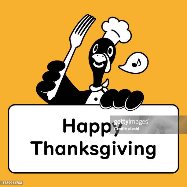 stockillustraties, clipart, cartoons en iconen met cute monochrome design of a turkey chef holding a fork and a greeting sign for thanksgiving day - ganzenvlees