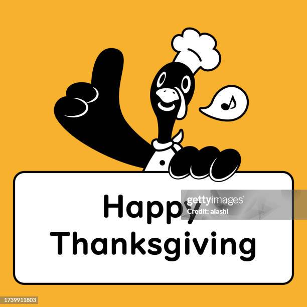 stockillustraties, clipart, cartoons en iconen met cute monochrome design of a turkey chef giving a thumbs up and holding a greeting sign for thanksgiving day - ganzenvlees