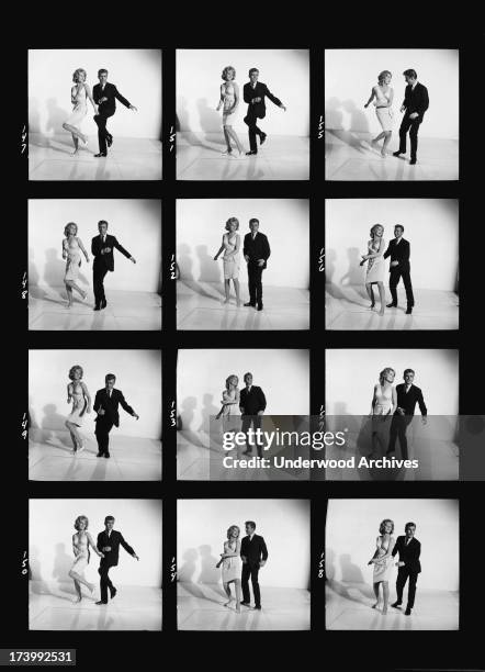 Series of photogarphs with a couple demonstrating how to dance the twist, United States, 1961.
