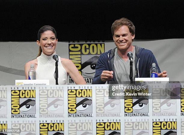 Actors Jennifer Carpenter and Michael C. Hall speak onstage at Showtime's "Dexter" panel during Comic-Con International 2013 at San Diego Convention...