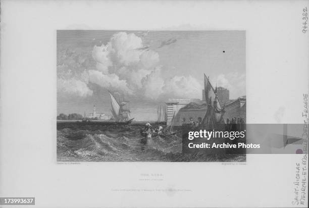 Engraved view of fishing boats at the Lido and Port St. Nicolas, engraved by J. Cousen, France, 1832.