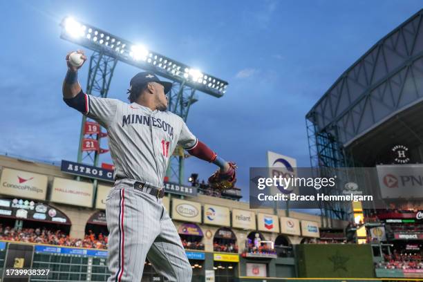 Jorge Polanco of the Minnesota Twins throws prior to game two of the Division Series against the Houston Astros on October 8, 2023 at Minute Maid...