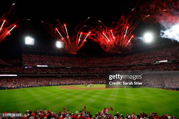 Fireworks after the Philadelphia Phillies defeated the Arizona Diamondbacks 5-3 in Game One of the Championship Series at Citizens Bank Park on...