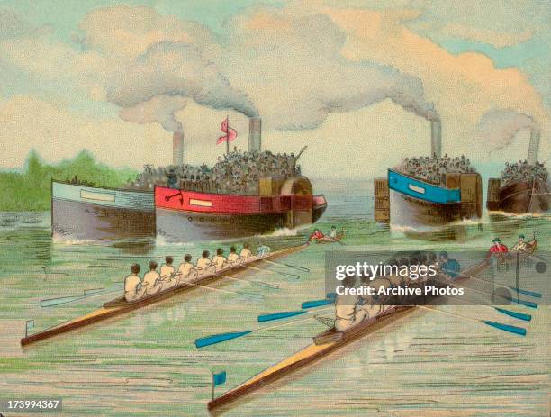 Color illustration depicting the Oxford and Cambridge Boat Race, an historic men's eights rowing race between Oxford and Cambridge University along...