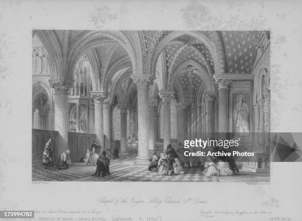 Engraving of the interior of the Chapel of the Virgin, Abbey Church, St. Denis, or the Cathedral Basilica of Saint Denis, a medieval gothic abbey...