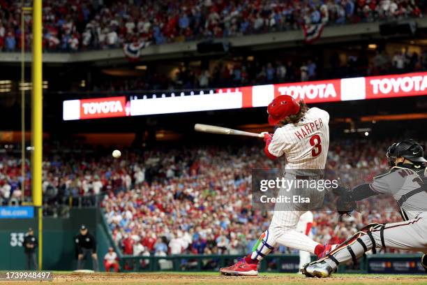 Bryce Harper of the Philadelphia Phillies bats against the Arizona Diamondbacks during Game One of the Championship Series at Citizens Bank Park on...