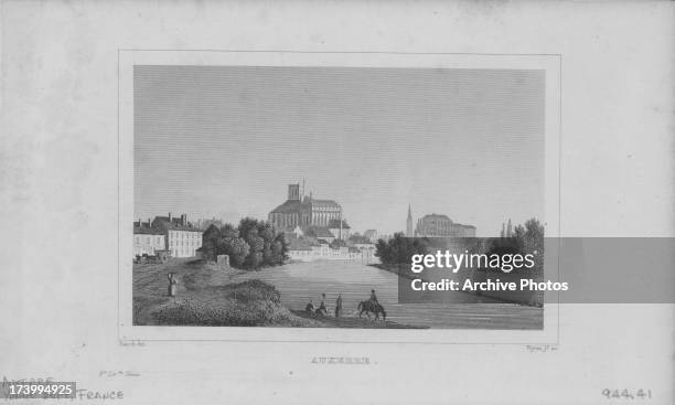 Engraving of the city of Auxille, as viewed across the Yonne River and the cathedral in the centre of the city, engraved by Nyon, Burgundy, France.