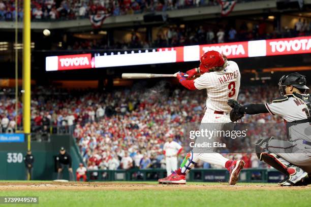 Bryce Harper of the Philadelphia Phillies bats against the Arizona Diamondbacks during Game One of the Championship Series at Citizens Bank Park on...