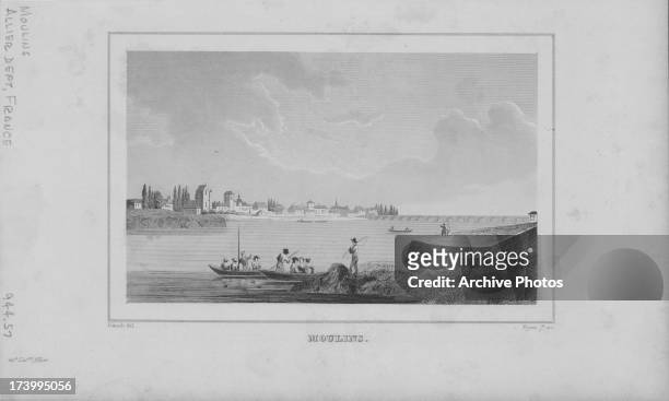 Engraved view of the French commune of Moulins on the banks of the Allier River, before the French Revolution it was the capital of the province of...