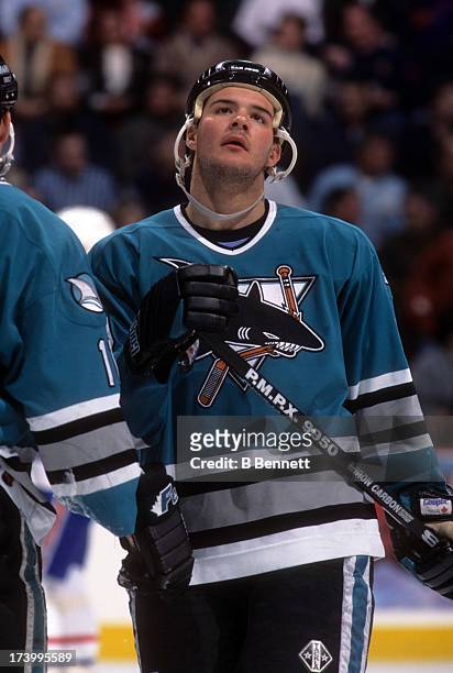 Jeff Friesen of the San Jose Sharks stands on the ice during an NHL game against the Montreal Canadiens on February 10, 1997 at the Bell Centre in...
