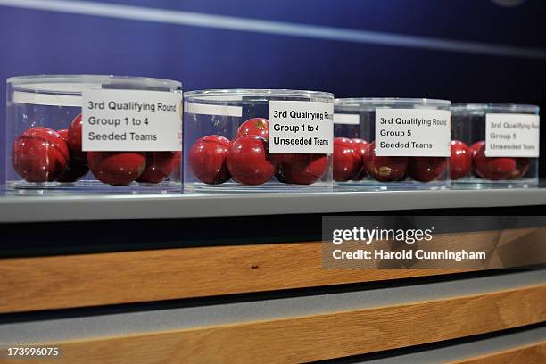 The UEFA Europa League draw balls are displayed prior to the UEFA Europa League Q3 qualifying round draw rehearsal on July 19, 2013 in Nyon,...
