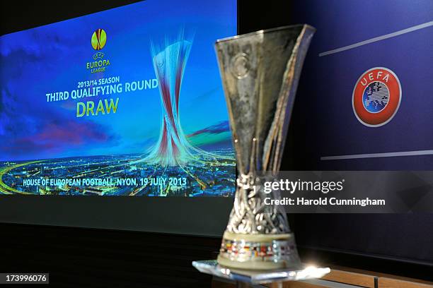 The UEFA Europa League trophy is displayed prior to the UEFA Europa League Q3 qualifying round draw rehearsal on July 19, 2013 in Nyon, Switzerland.