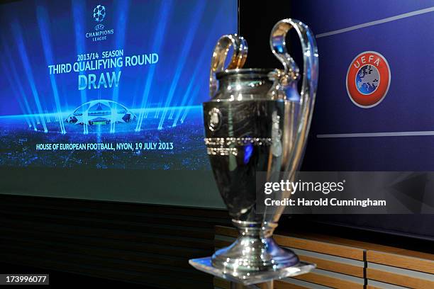 The UEFA Champions League trophy is displayed prior to the UEFA Champions League Q3 qualifying round draw rehearsal on July 19, 2013 in Nyon,...