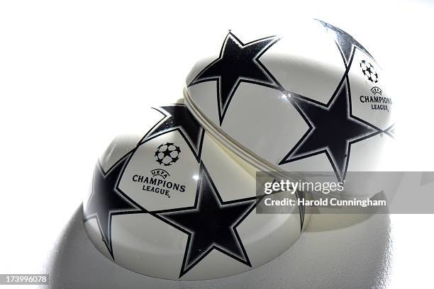 Champions League draw ball is being prepared backstage prior to the UEFA Champions League Q3 qualifying round draw rehearsal on July 19, 2013 in...