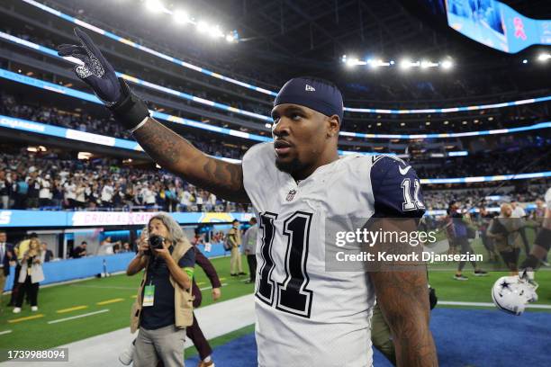 Micah Parsons of the Dallas Cowboys reacts after the Dallas Cowboys defeated the Los Angeles Chargers 20-17 at SoFi Stadium on October 16, 2023 in...