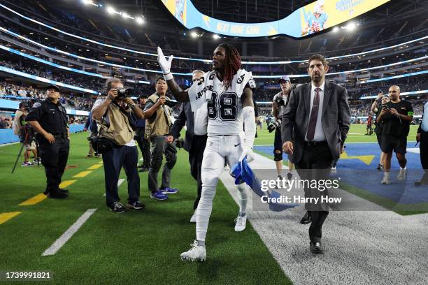 CeeDee Lamb of the Dallas Cowboys reacts after the Dallas Cowboys defeated the Los Angeles Chargers 20-17 at SoFi Stadium on October 16, 2023 in...